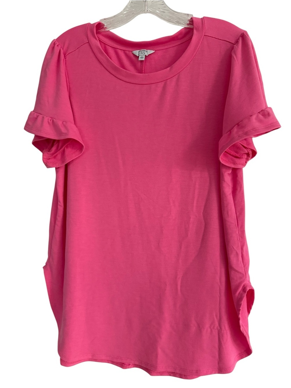 crown & ivy Bright Pink  Tee flutter sleeves with ruffles  rounded bottom L